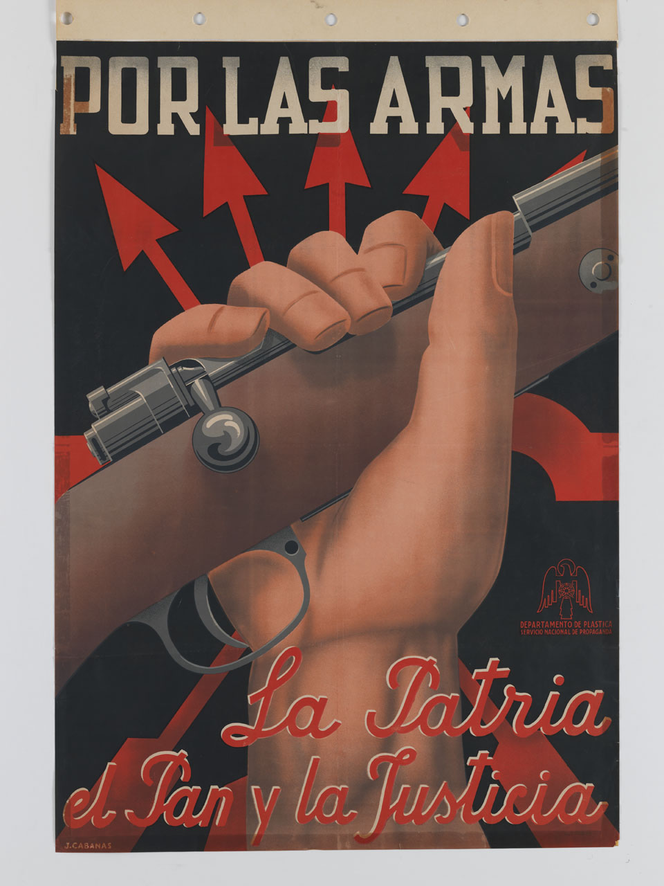 mano stringe il fucile sullo sfondo del simbolo della Falange Española (manifesto) di Cabanas Erauski Juan (sec. XX)