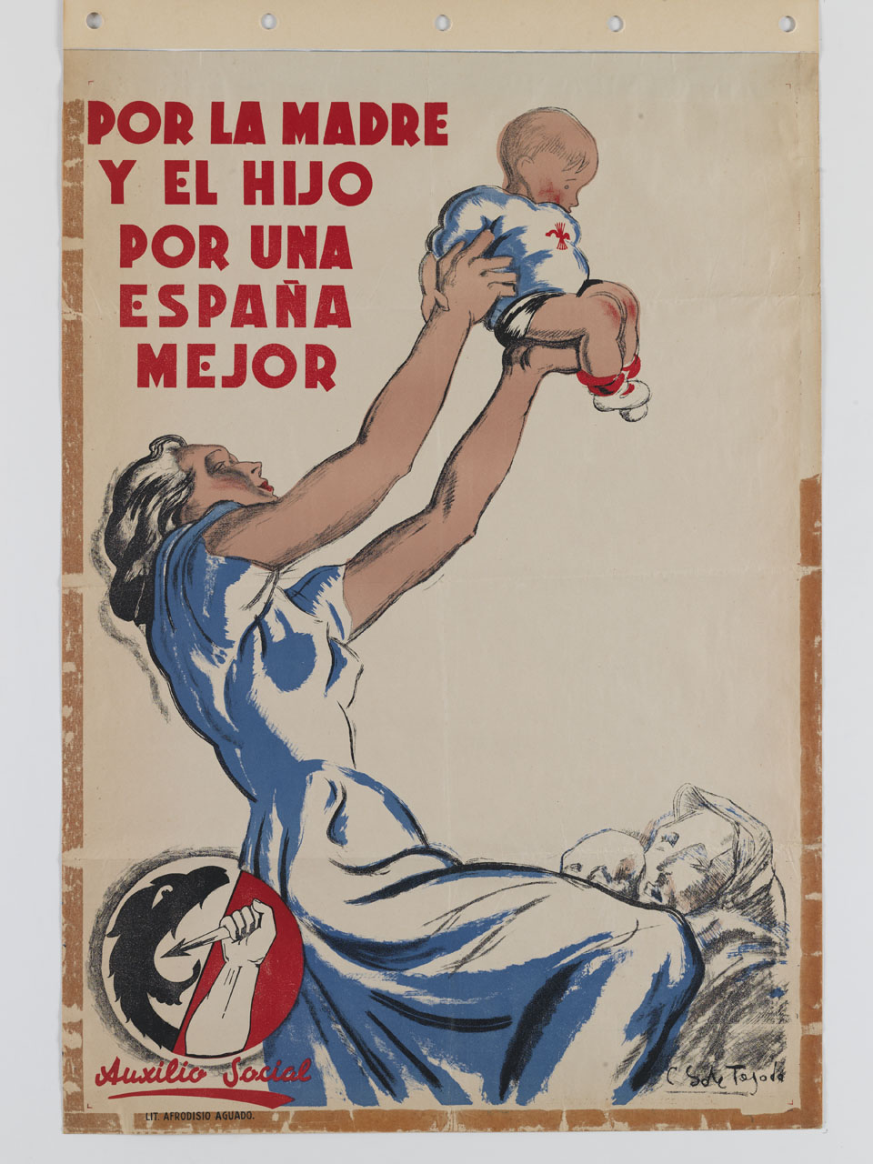 donna solleva in aria un bambino (manifesto) di Saenz de Tejada Carlos (sec. XX)