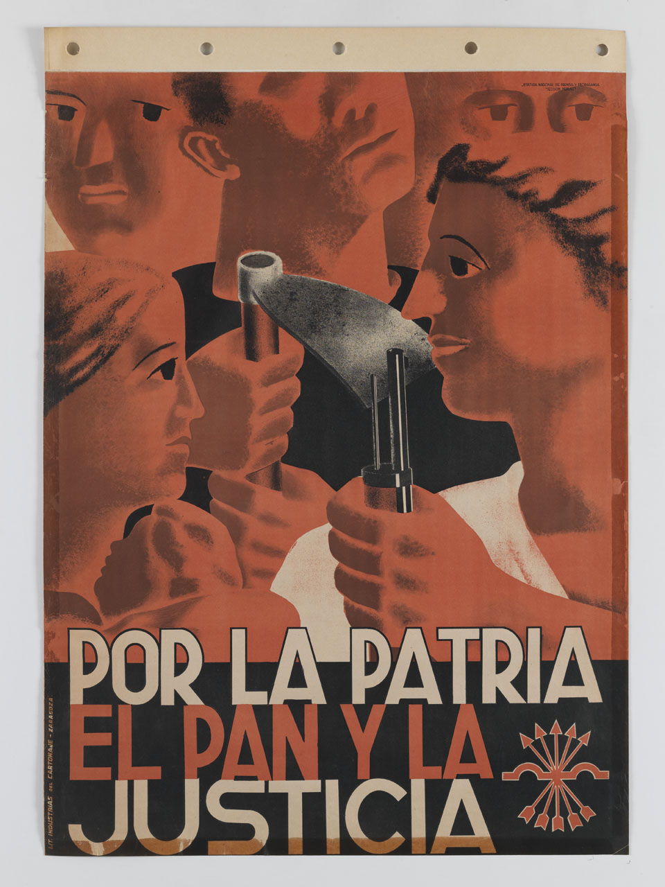 gruppo di persone con fucile e vanga (manifesto) - ambito spagnolo (sec. XX)