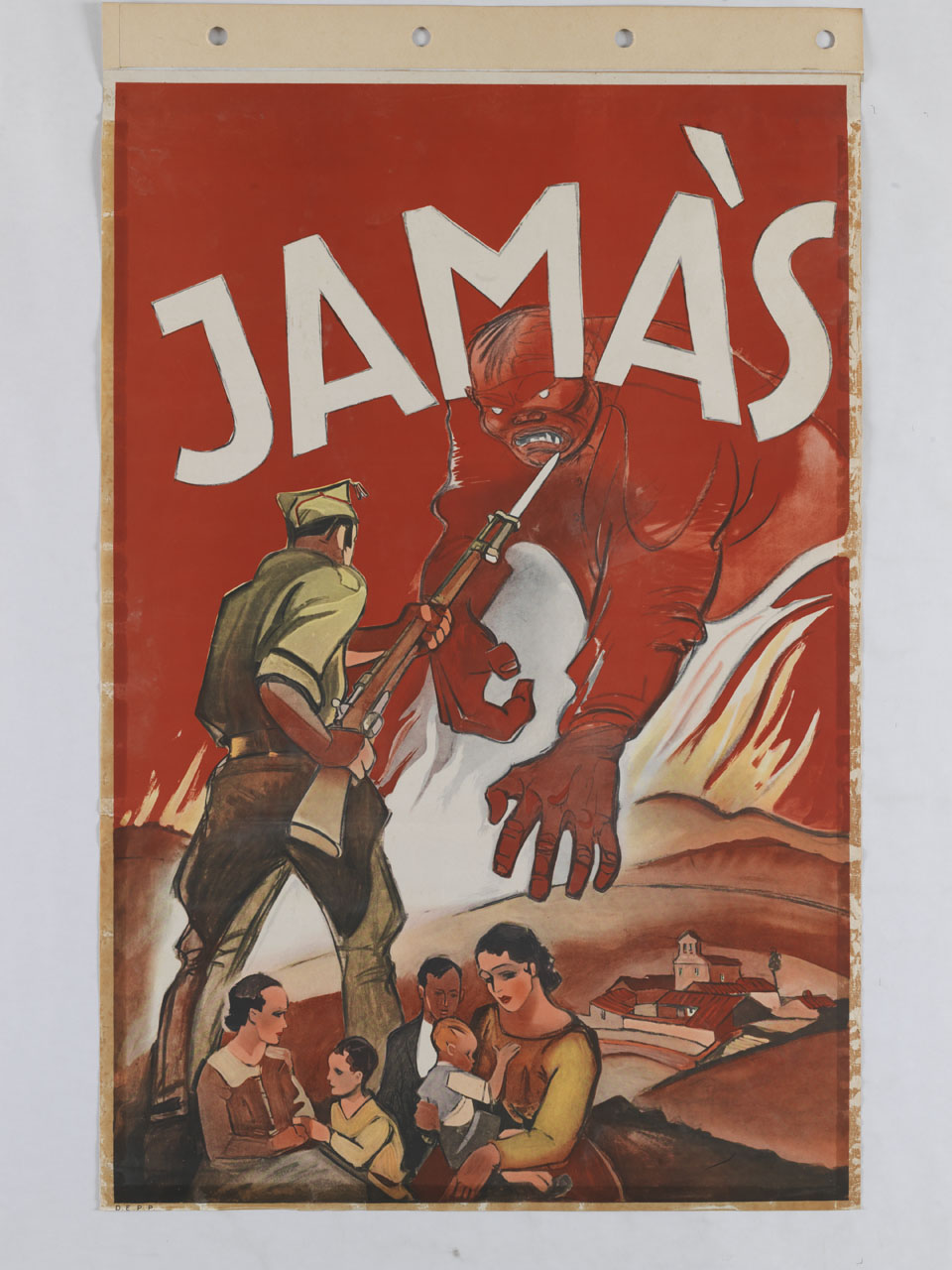soldato con fucile a baionetta affronta un orco rosso per difendere alcune persone (manifesto) - ambito spagnolo (sec. XX)