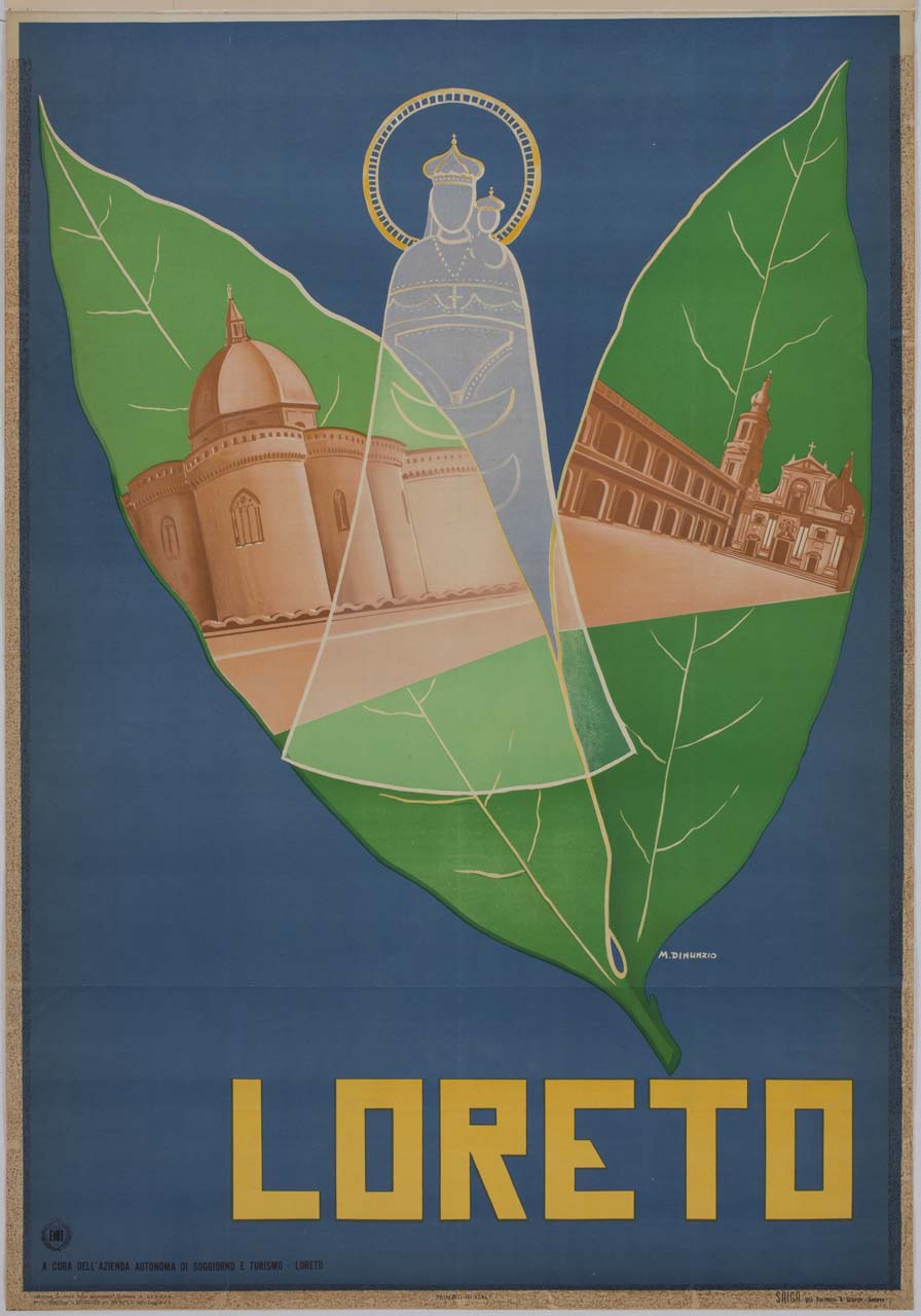 Madonna Nera su due foglie di lauro con vedute del Santuario di Loreto (manifesto) di Dinunzio M (sec. XX)