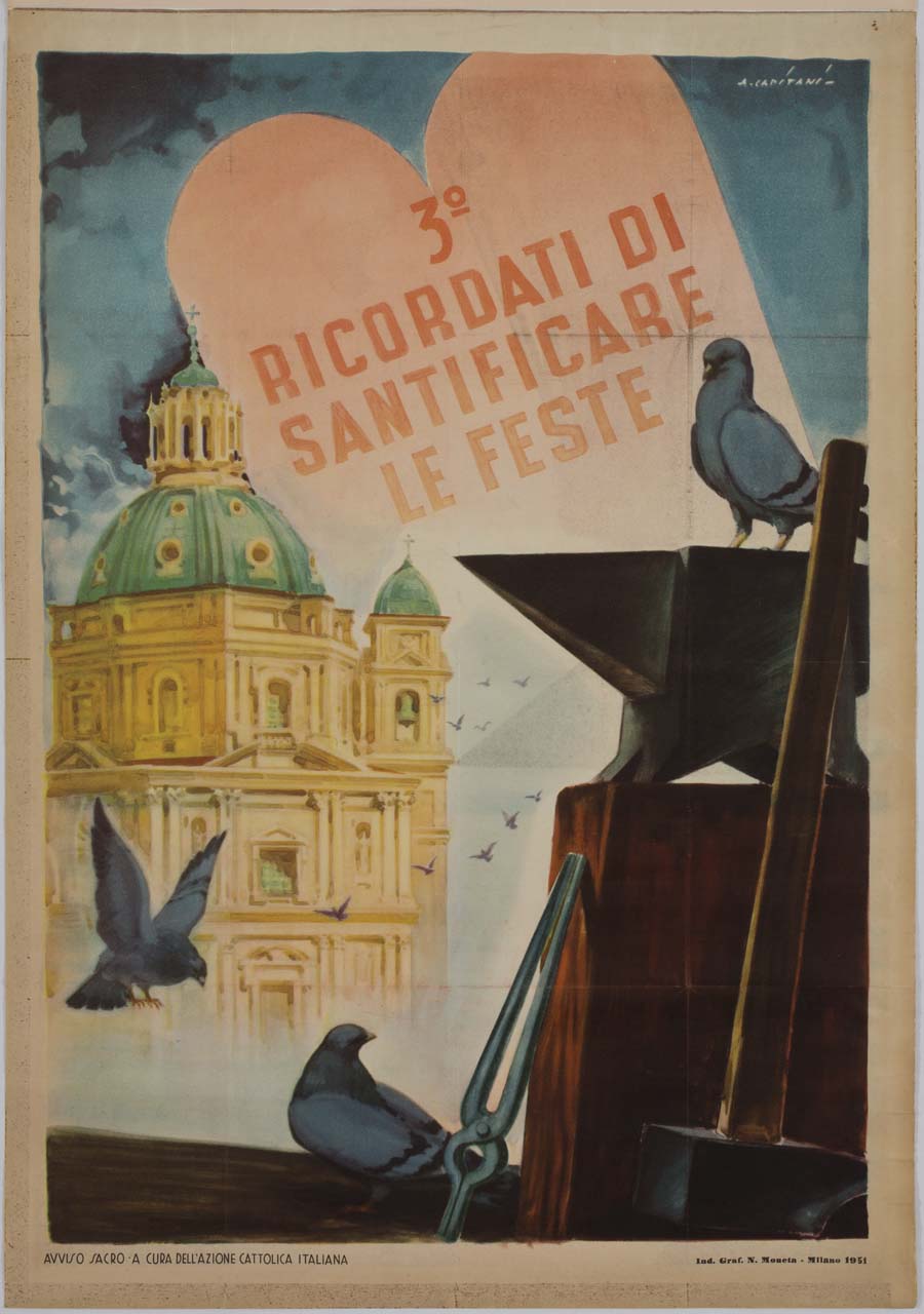 colombe posate su strumenti di lavoro davanti a una chiesa e alle Tavole della Legge (manifesto) di Capitani Alfredo (sec. XX)