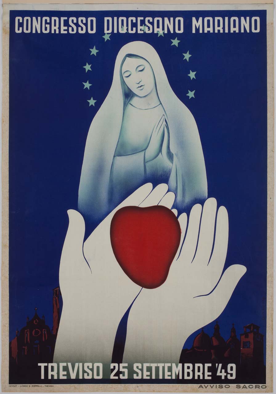 due mani offrono un cuore alla Madonna sopra il profilo della città di Treviso (manifesto) di Lucchetta Giuseppe (sec. XX)