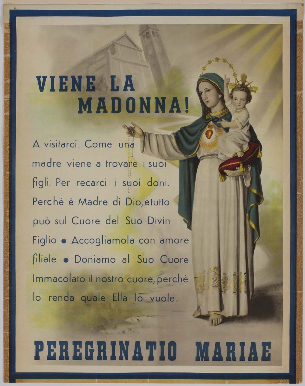 scultura con Madonna Pellegrina ai piedi di una strada che sale a una chiesa (manifesto) - ambito italiano (sec. XX)