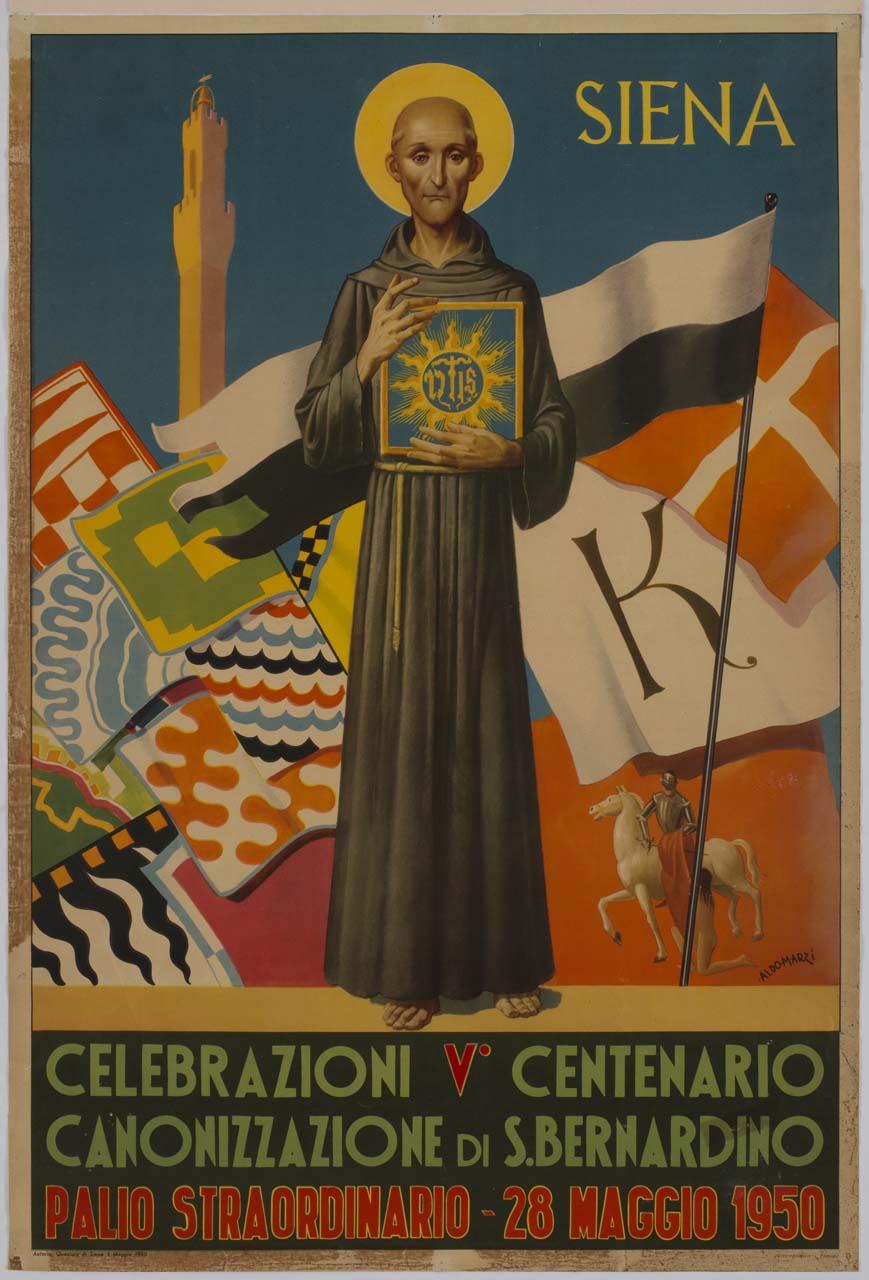 san Bernardino da Siena davanti alle bandiere delle contrade di Siena e alla Torre del Mangia (manifesto) di Marzi Aldo (sec. XX)
