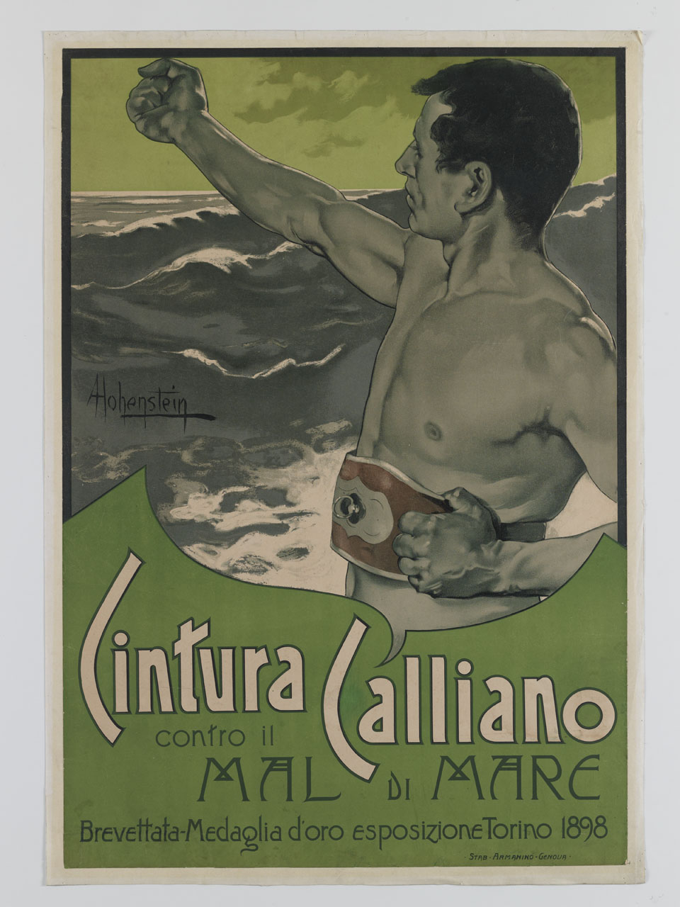uomo a torso nudo sfida il mare con un pugno alzato (manifesto) di Hohenstein Adolf (secc. XIX-XX)