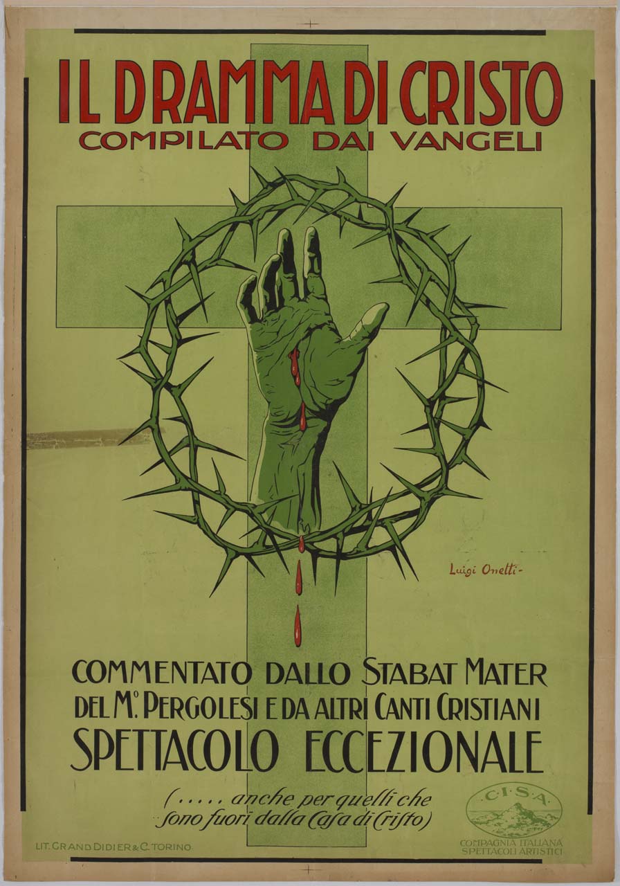 croce con corona di spine che racchiude una mano che stilla sangue dalla stigma (manifesto) di Onetti Luigi (sec. XX)