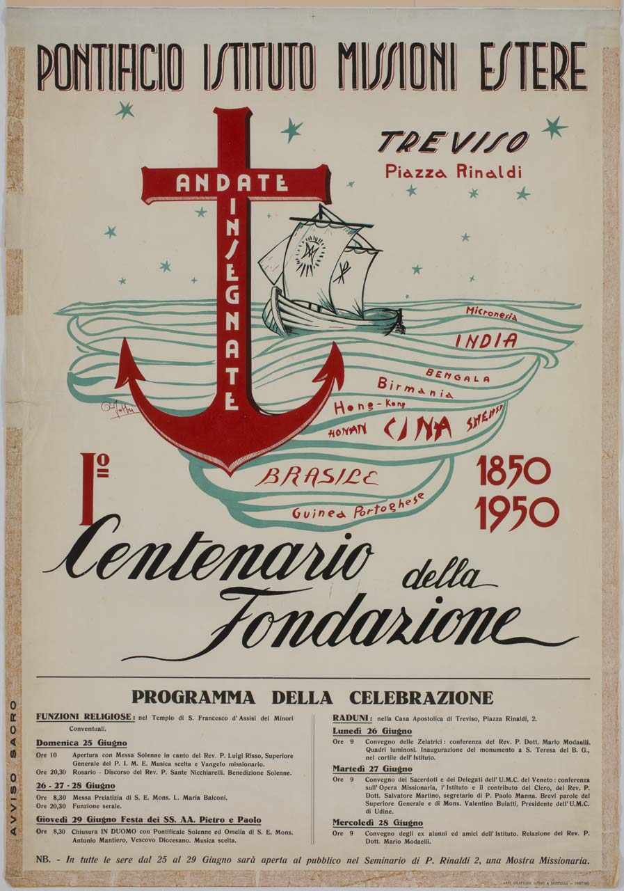 croce terminante ad ancora davanti alle onde del mare solcate da un veliero (manifesto) di Fabbri G (sec. XX)