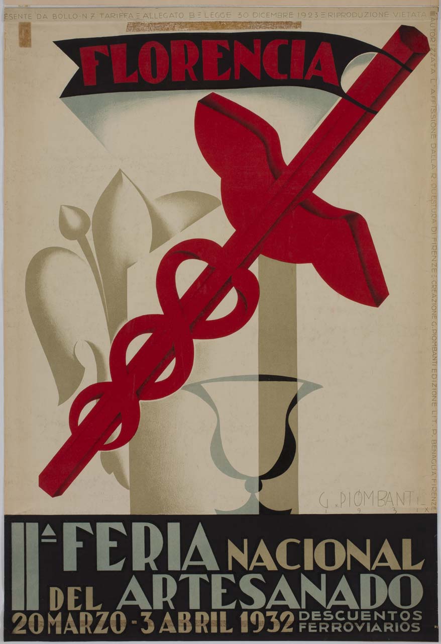 caduceo rosso davanti a un bicchiere, a un parallelepipedo e al giglio di Firenze (manifesto) di Piombanti Ammannati Giuseppe (sec. XX)