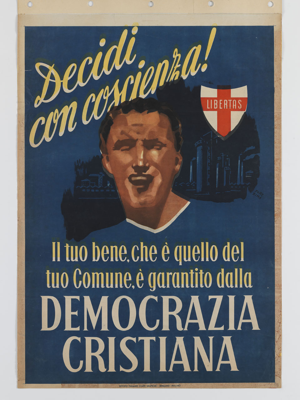 uomo a mezzo busto su campo azzurro con stabilimento industriale sullo sfondo (manifesto) di Soresina Mario (sec. XX)