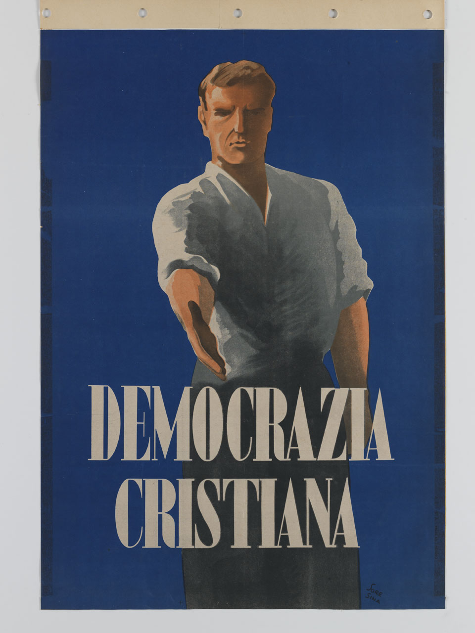 uomo con mano sporta in gesto di saluto (manifesto) di Soresina Mario (sec. XX)