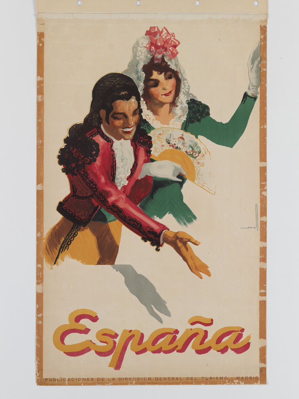 torero e donna con mantilla e ventaglio sorridenti salutano (manifesto) di Morell Macías Josep (sec. XX)