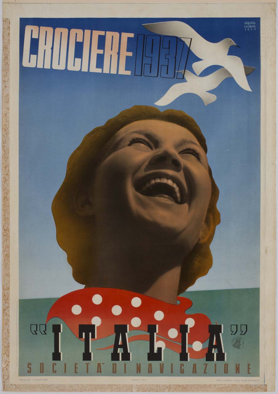 testa di donna sorridente con lo sguardo rivolto verso due gabbiani (manifesto) di Carboni Erberto detto Lince (sec. XX)