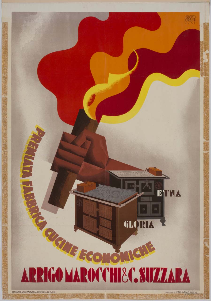 due cucine economiche e una fiaccola tenuta da una mano (manifesto) di Carboni Erberto detto Lince (sec. XX)