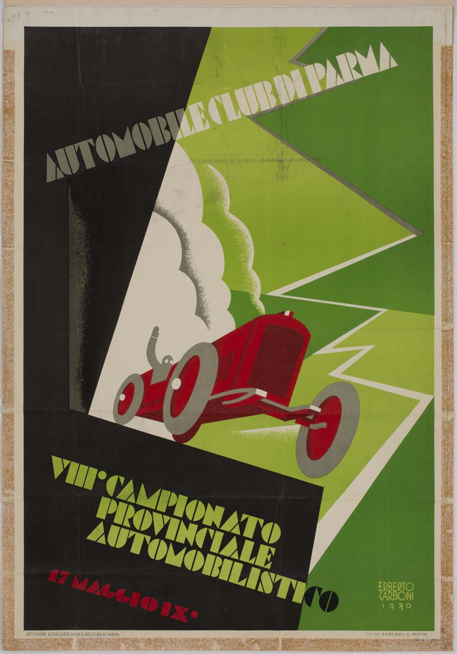 automobile da corsa guidata da conducente con braccio alzato (manifesto) di Carboni Erberto detto Lince (sec. XX)