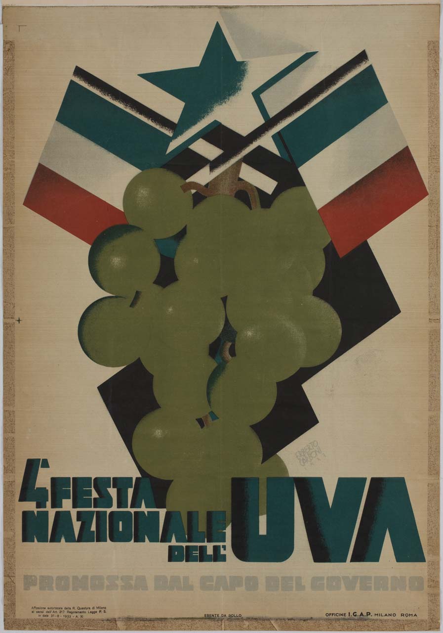 grappolo d'uva con due bandiere tricolori e una stella (manifesto) di Carboni Erberto detto Lince (sec. XX)