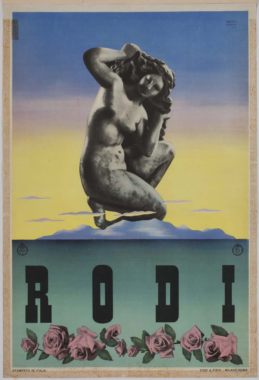 la Venere di Rodi sopra il profilo dell'isola e alcune rose (manifesto) di Carboni Erberto detto Lince (sec. XX)