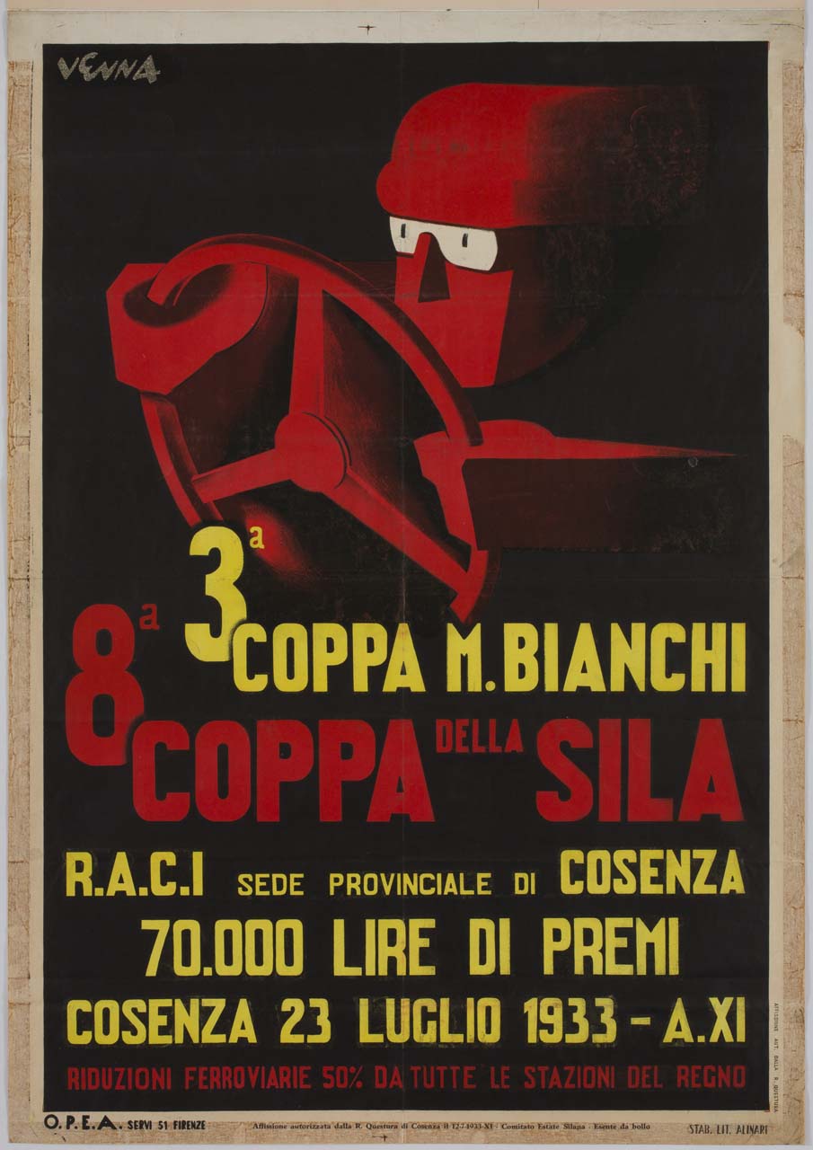 pilota automobilistico al volante (manifesto) di Venna Lucio (sec. XX)