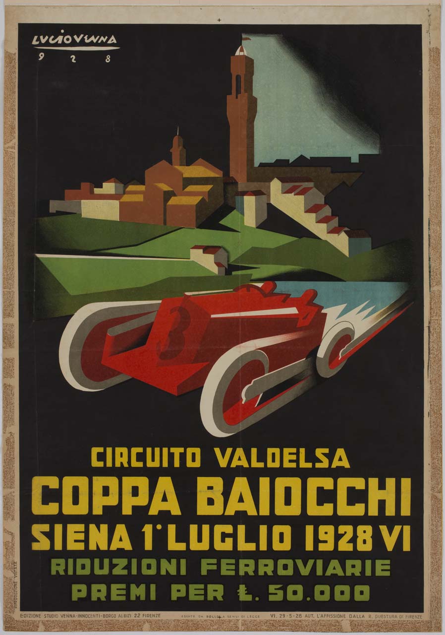 automobile da corsa davanti a una veduta della città di Siena (manifesto) di Venna Lucio (sec. XX)