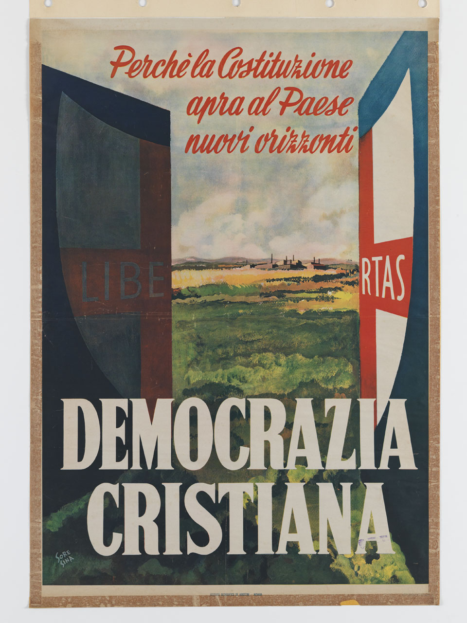 paesaggio agreste aperto tra due quinte con scudo crociato (manifesto) di Soresina Mario (sec. XX)