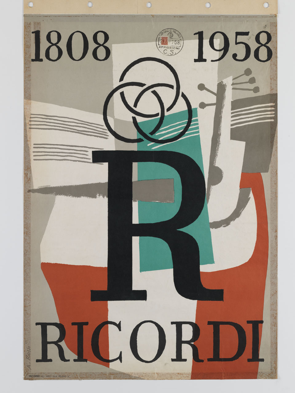 Lettera R su sfondo tricolore, spartito musicale e chitarra (manifesto) di Rossi Attilio (sec. XX)
