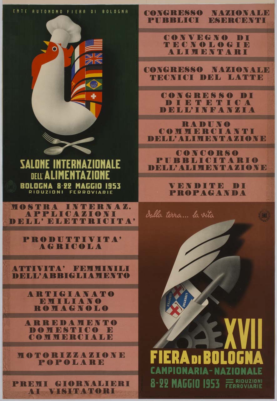 gallo con cappello da cuoco e vanga con stendardo e ruota dentata (manifesto) di Adriani Emidio (sec. XX)