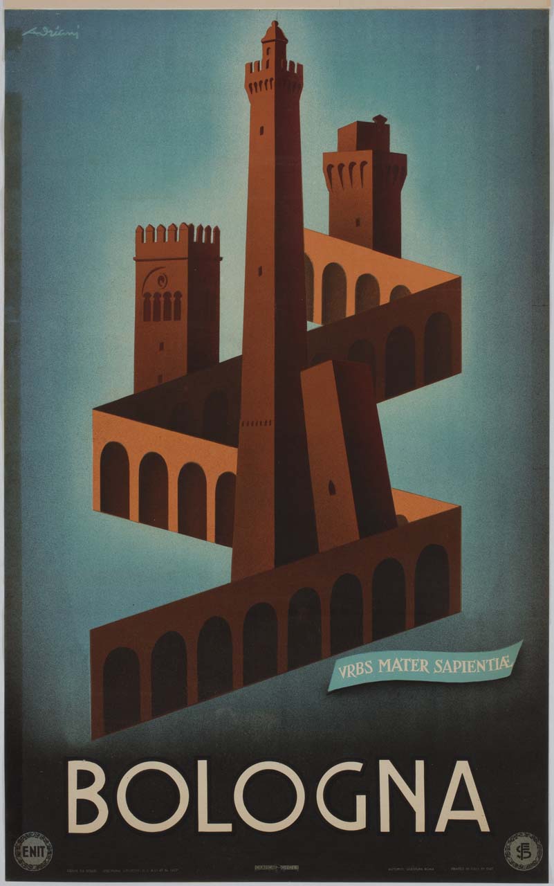 torri e portici di Bologna (manifesto) di Adriani Emidio (sec. XX)