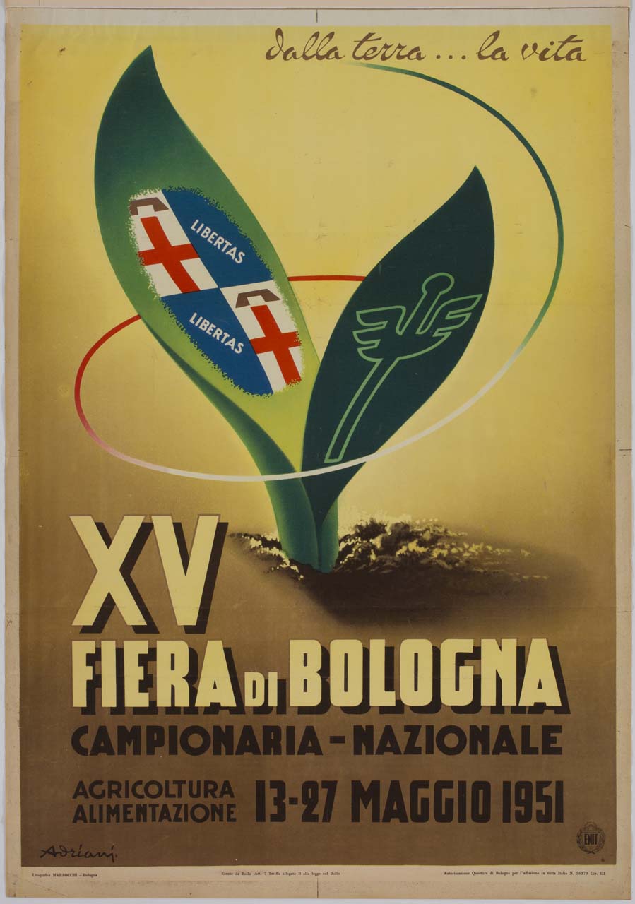 due foglie germogliate dal terreno caricate da stemma di Bologna e da verga alata (manifesto) di Adriani Emidio (sec. XX)