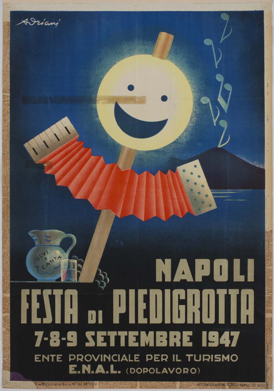 lanterna con faccia sorridente suona la fisarmonica sullo sfondo del Vesuvio da cui escono note (manifesto) di Adriani Emidio (sec. XX)