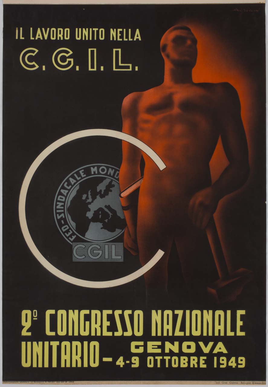uomo nudo con un libro nella mano destra e un martello nella sinistra (manifesto) di Adriani Emidio (sec. XX)