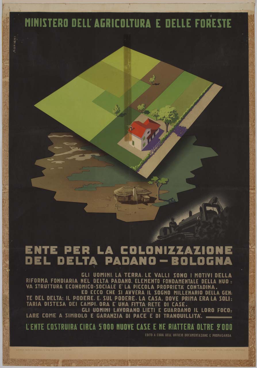 casa tra campi coltivati, capanna sulla riva di una palude e ruspa al lavoro (manifesto) di Adriani Emidio (sec. XX)