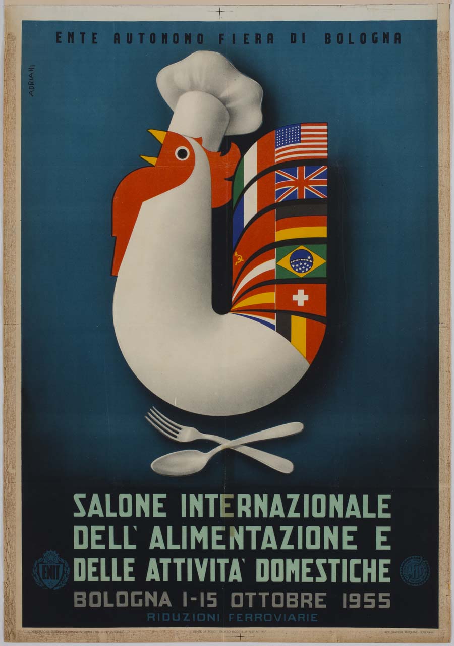 gallo con cappello da cuoco, coda formata da bandiere e una forchetta e un cucchiaio al posto delle zampe (manifesto) di Adriani Emidio (sec. XX)