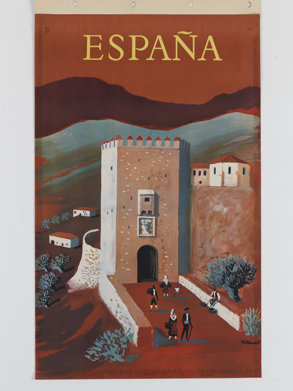 torrione di castello e persone in abiti tradizionali spagnoli (manifesto) di Villemot Bernard (sec. XX)