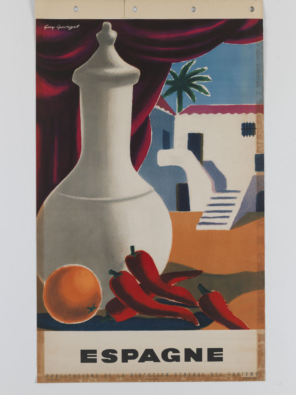 natura morta con vaso arancia e peperoncini sullo sfondo di case di Minorca (manifesto) di Georget Guy (sec. XX)