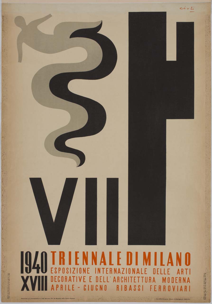 numero romano VII accompagnato dagli emblemi del biscione e del fascio littorio (manifesto) di Ciuti Enrico (sec. XX)