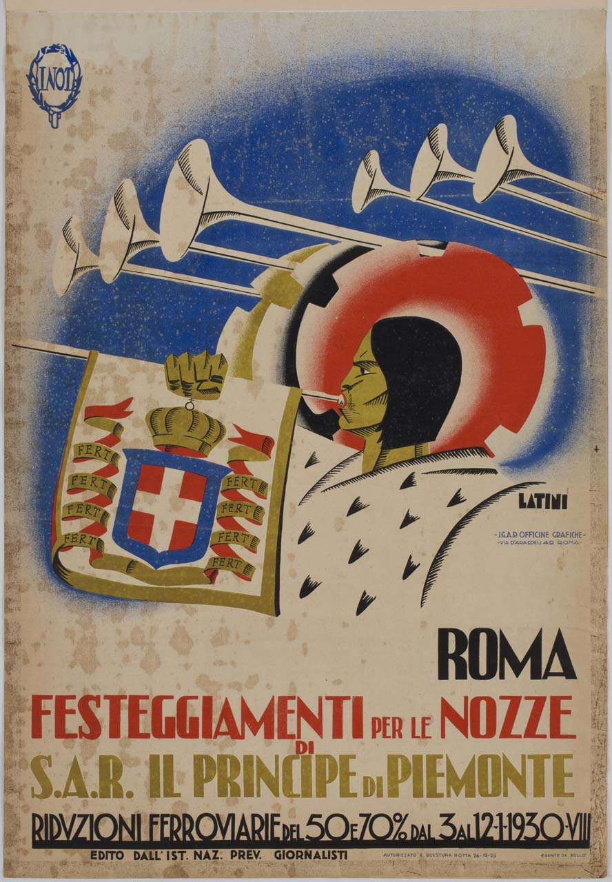 trombettiere suona una tromba con drappella recante lo stemma del Regno d'Italia (manifesto) di Latini Giuseppe (sec. XX)