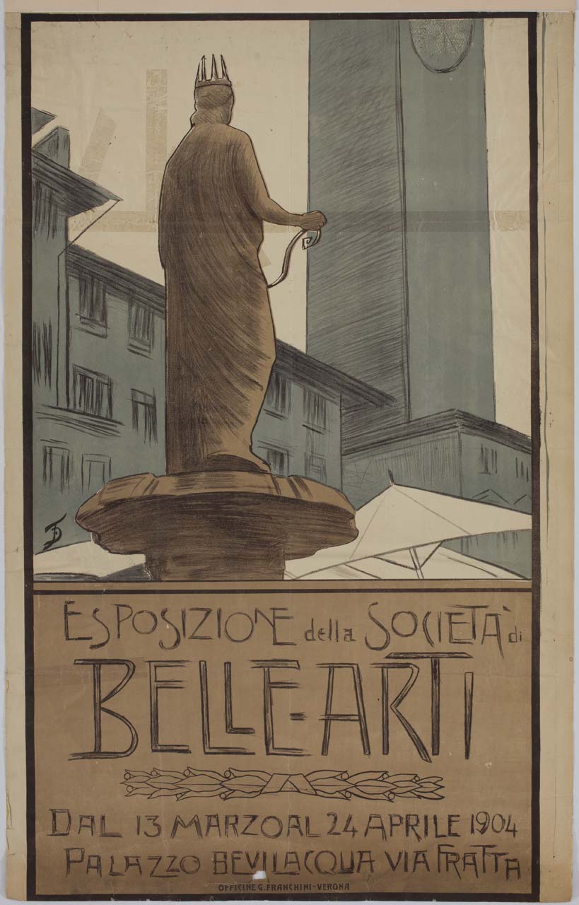 veduta di piazza delle Erbe a Verona, con in primo piano la statua di Madonna Verona vista da dietro (manifesto) di Danieli Francesco (sec. XX)