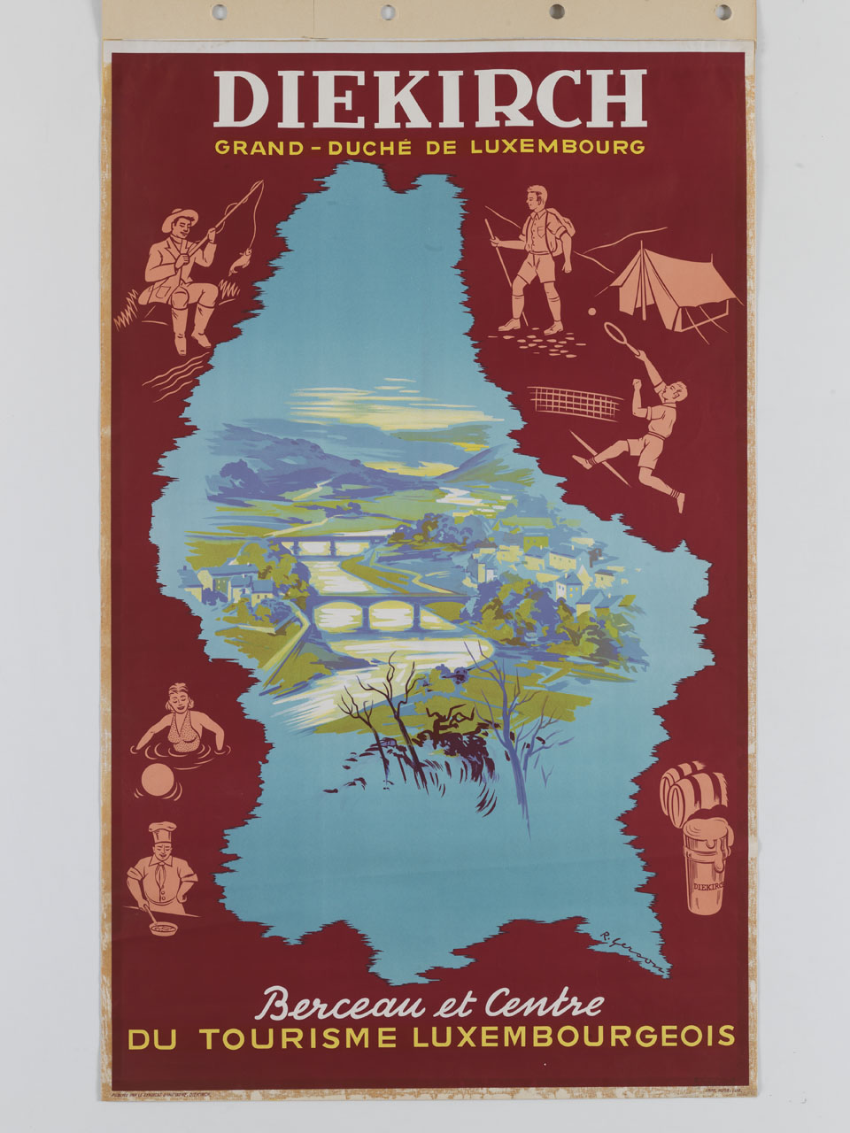 veduta di Diekirch lungo il fiume Sauer inquadrata da cornice con raffigurazioni con attività di svago turistico (manifesto) di Gerson Roger (sec. XX)