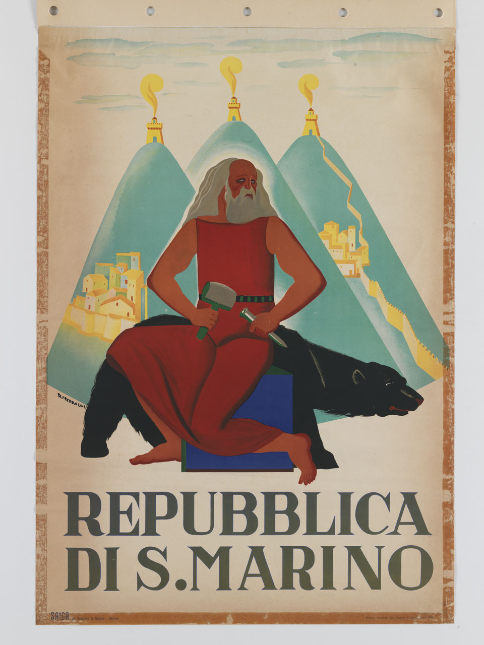 San Marino e l'orso sullo sfondo di tre colli turriti (manifesto) di Riccobaldi Del Bava Giuseppe (sec. XX)