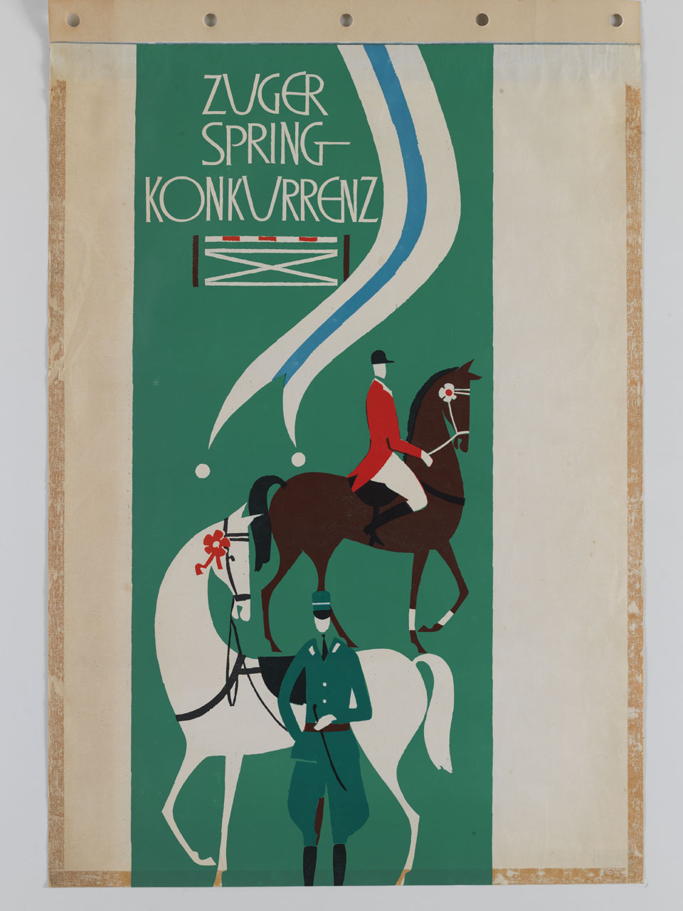 due fantini con cavalli durante un concorso ippico (manifesto) - ambito svizzero (sec. XX)