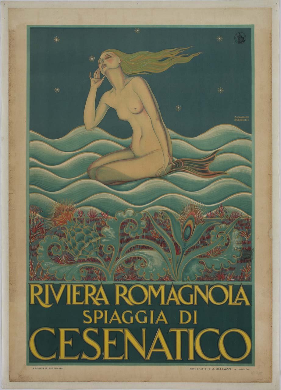 sirena inginocchiata sulle onde con i capelli al vento si porta una mano alla guancia (manifesto) di Guerrini Giovanni (sec. XX)