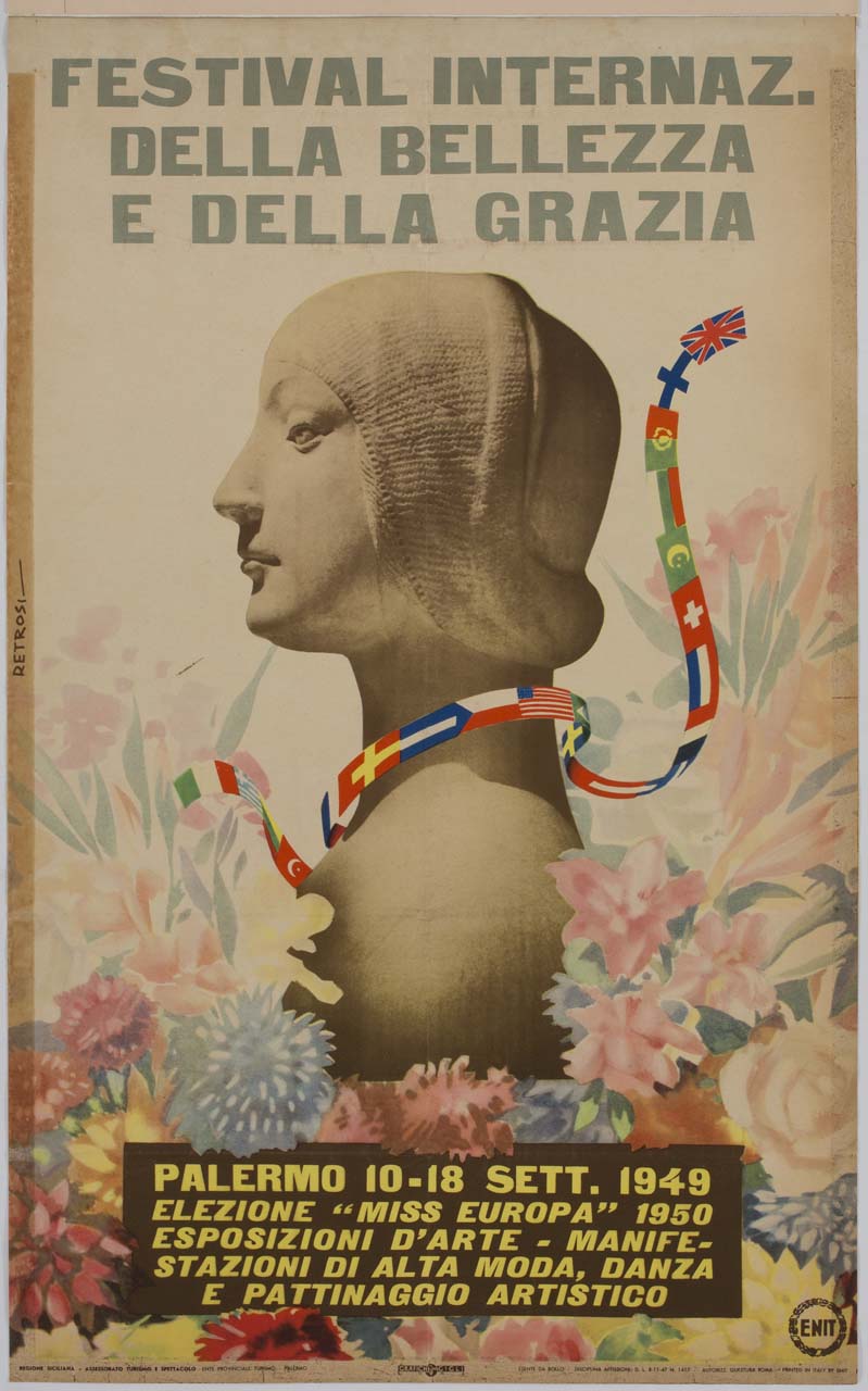 ritratto di Eleonora d'Aragona di Francesco Laurana tra fiori e bandiere (manifesto) di Retrosi Virgilio (sec. XX)