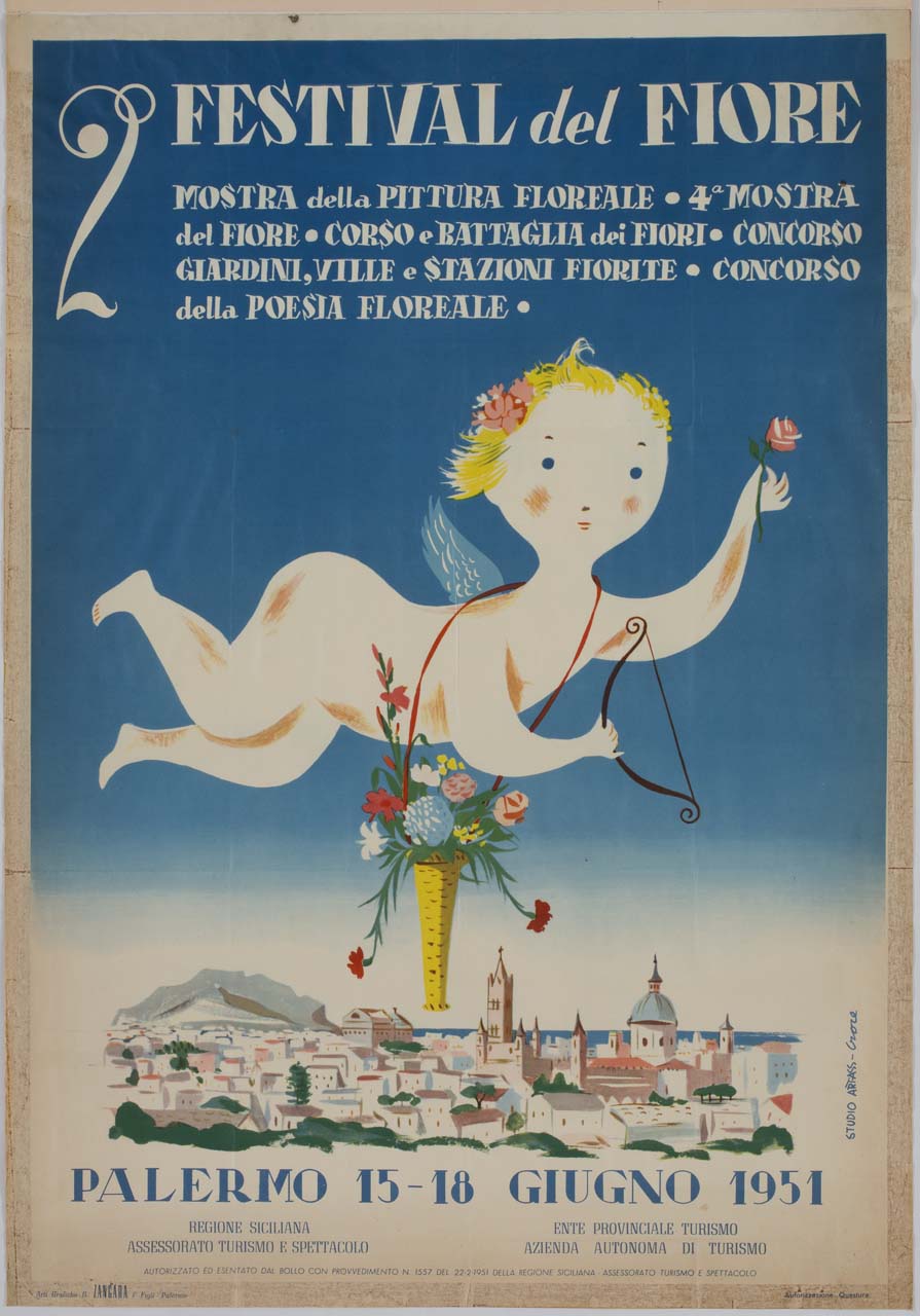Cupido con faretra colma di fiori in volo su Palermo (manifesto) di Studio Artass Croce (sec. XX)