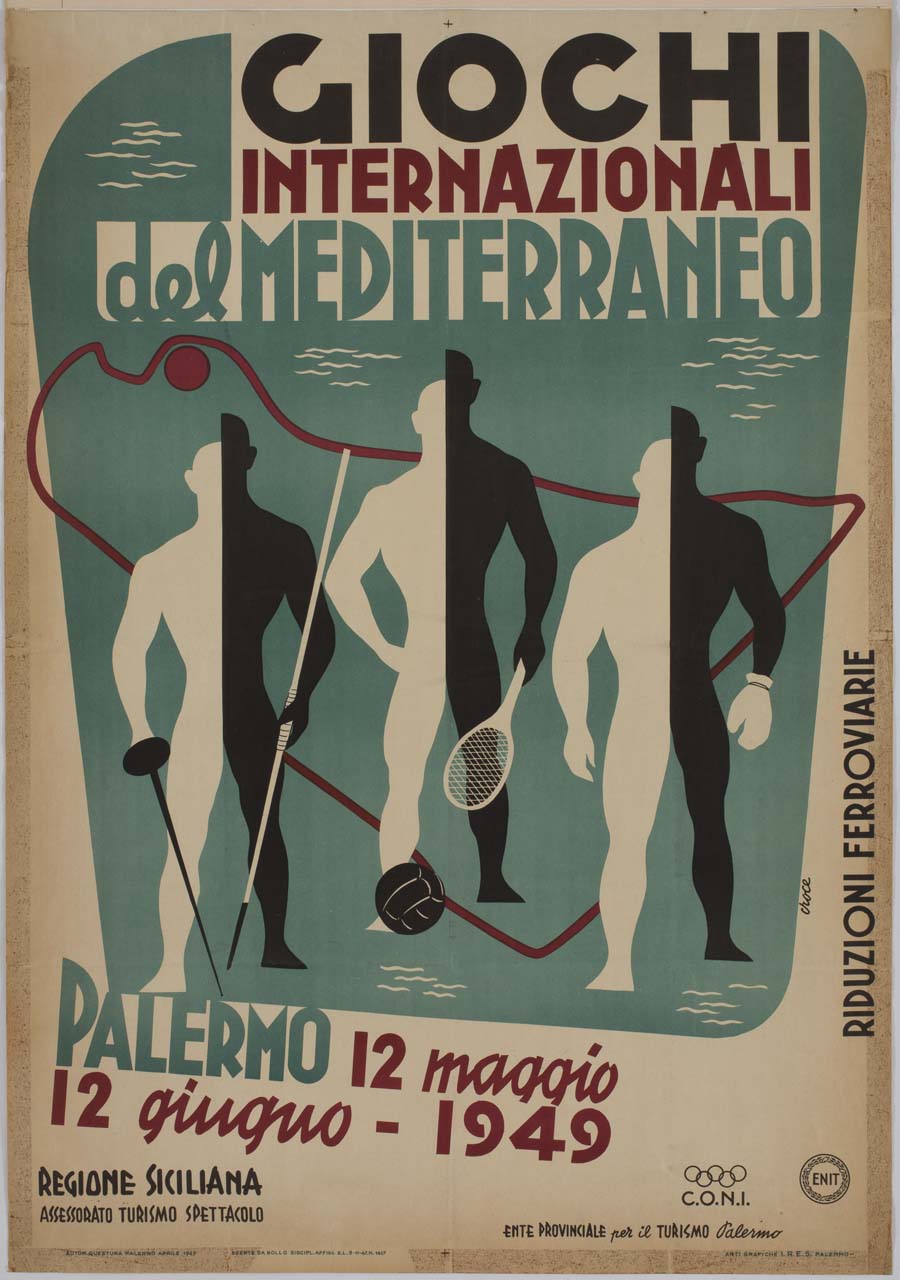 sei mezze figure di atleti sul profilo della Sicilia (manifesto) di Studio Artass Croce (sec. XX)