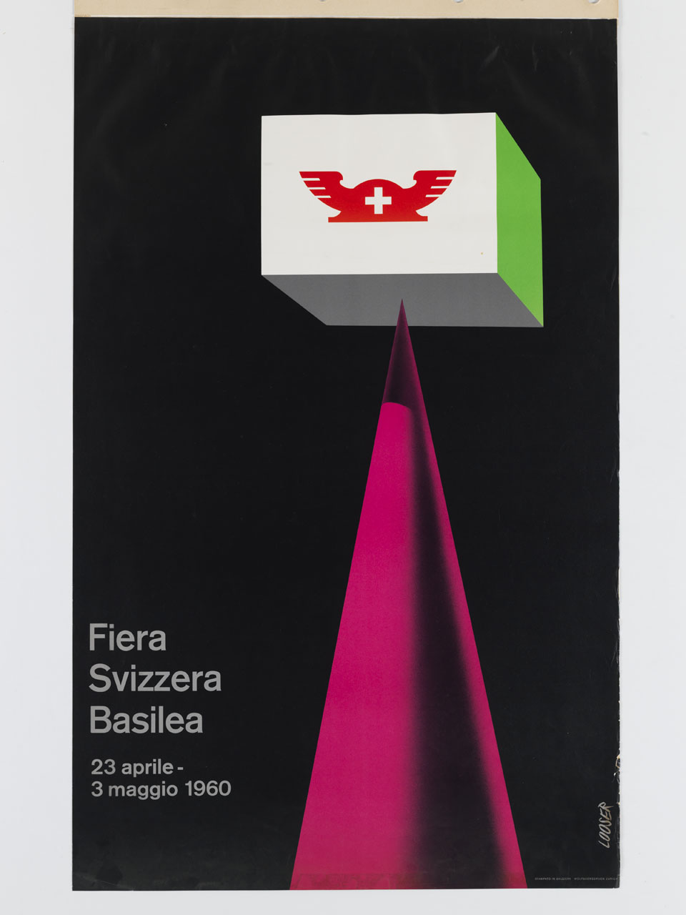 cubo sulla punta di un cono rosa con il marchio della Fiera Svizzera Basilea (manifesto) di Looser Hans (sec. XX)