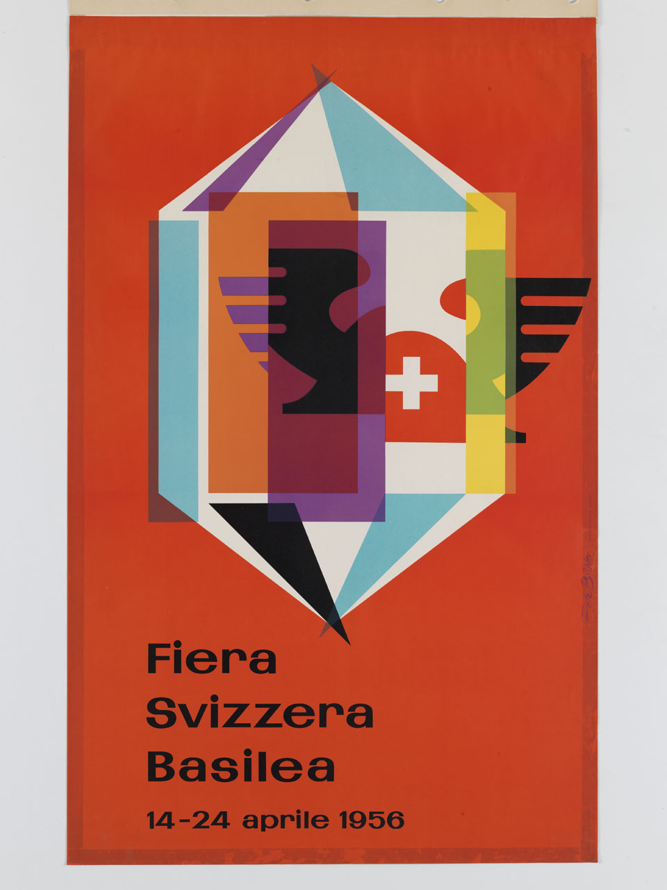 poliedro multicolore e marchio della Fiera Svizzera Basilea su fondo rosso (manifesto) di Bühler Fritz (sec. XX)