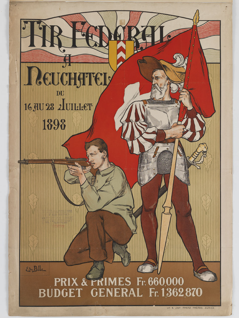 tiratore inginocchiato prende la mira affiancato da un soldato in uniforme antica (manifesto) di Bille Edmond (sec. XIX)