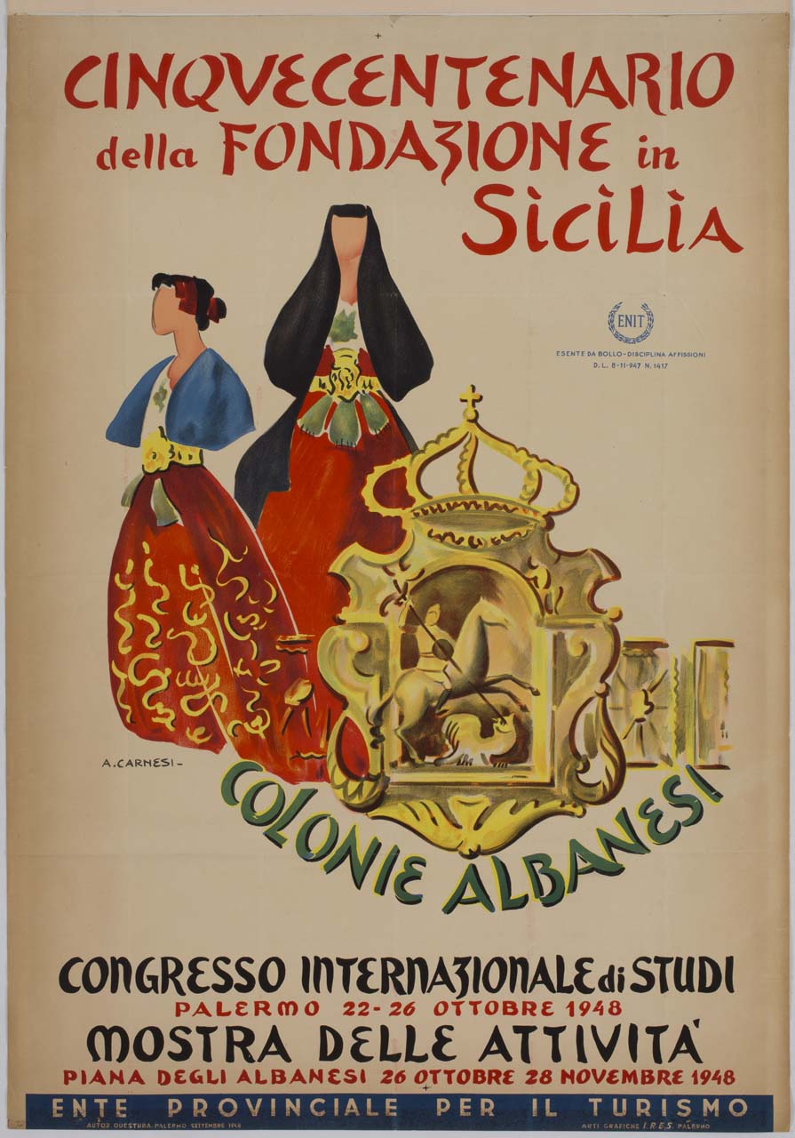 due donne in costume tradizionale e nicchia coronata con san Giorgio e il drago (manifesto) di Carnesi Anna (sec. XX)