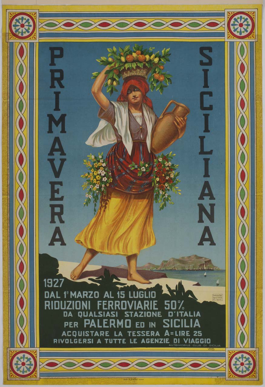 donna a piedi scalzi con cesta di frutta sulla testa e anfora poggiata al fianco sullo sfondo del Golfo di Palermo (manifesto) di Griffo V - ambito italiano (sec. XX)