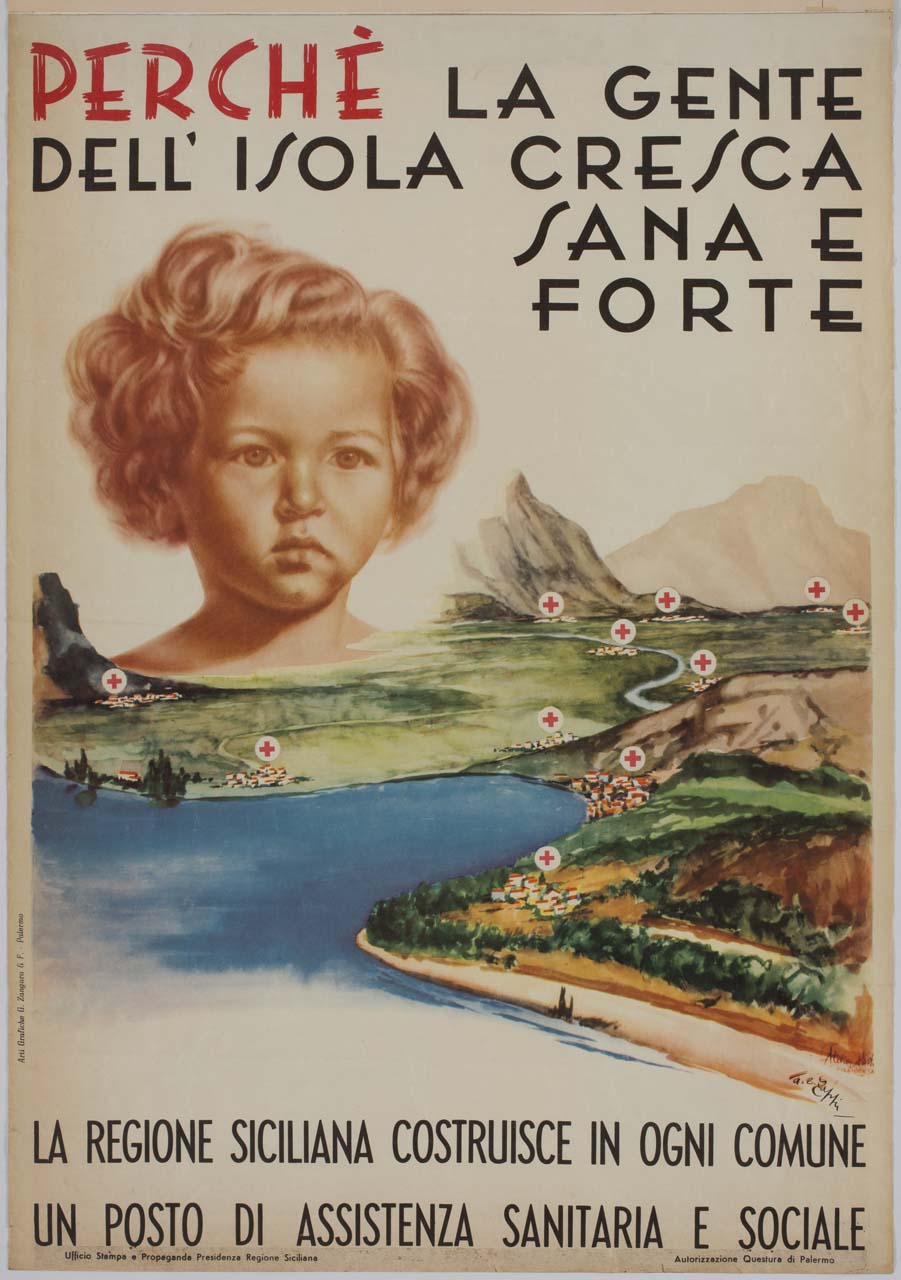 testa di bambina sopra un paesaggio con località contrassegnate da croce rossa (manifesto) di Zappi Angelo Enrico (sec. XX)